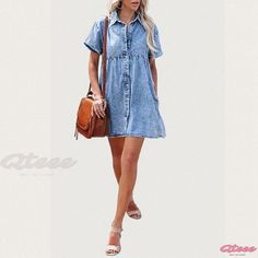 Qteee - Loose Fit Denim Collar Dress with Ruffled Hem - Short Length Non-stretch Knee-length Casual Mini Dress, Medium Wash Short Sleeve Mini Dress For Summer, Short Sleeve Denim Dress For Day Out, Casual Medium Wash Mini Dress With Pockets, Casual Asymmetrical Mini Dress, Casual Crochet Mini Dress, Casual Mini Dress With Pockets, Summer Mini Dress With Short Sleeves In Medium Wash, Washed Short Sleeve Denim Dress