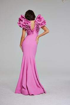 Jovani 40663 Fall 2024 evening collection dress. Ruffled Maxi Length Evening Dress, Ruffled Maxi Evening Dress, Feminine Evening Dress For Cocktail Occasions, Feminine Evening Dress For Cocktail Events, Feminine Maxi Evening Dress, Ruffled Gown For Gala Evening, Feminine Long Evening Dress For Prom, Fitted Feminine Evening Dress For Gala, Glamorous Long Evening Dress With Ruffles