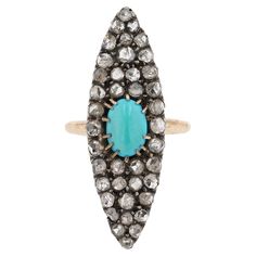 A vivacious Victorian vintage diamond and turquoise navette ring that is long, sleek and slender. This late 19th century stunner is loaded with charm, centered by a striking Persian turquoise of a perfect color and surrounded by 40 twinkling rose cut diamonds. The shape is loosely translated from the French for "little boat" but this alternative engagement ring floats like an ocean liner on your hand providing elegant length to your fingers.   Condition: Good Era: Victorian Year: 1880-1910 Metal Navette Ring, Custom Ring Box, Ocean Liner, Alternative Engagement Ring, Persian Turquoise, Victorian Vintage, Alternative Engagement Rings, Vintage Turquoise, Rose Cut Diamond