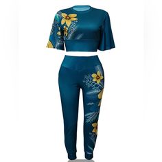 Elegant Floral Print Two-Piece Set, Crew Neck Half Sleeve T-Shirt & High Waist Pants Outfits, Women's Clothing Casual Blue Pant Set For Summer, Casual Floral Print Pant Set For Summer, Casual Summer Floral Print Pant Set, Spring Athleisure Sets With Relaxed Fit, Casual Printed Pant Set For Summer, Casual Blue Short Sleeve Pant Set, Blue Two-piece Pant Set For Spring, Casual Summer Pant Set, Blue Two-piece Sets For Spring