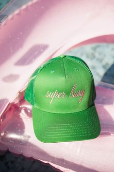 Super Busy 5 Panel Cap  - Pepper & Pearl Boutique Green Adjustable Trucker Hat With Curved Bill, Adjustable Green Trucker Hat With Curved Bill, Adjustable Green Trucker Hat For Streetwear, Adjustable Green 5-panel Trucker Hat, Green Trucker Baseball Cap For Spring, Green Curved Bill Trucker Hat For Spring, Spring Green Trucker Baseball Cap, Spring Green Trucker Hat With Curved Bill, Trendy Green Trucker Hat