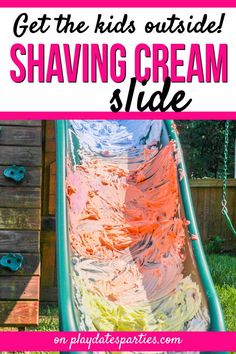 a homemade shaving cream slide with text overlay that says get the kids outside