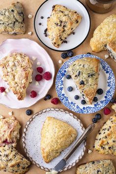 blueberry scones and muffins on plates with berries