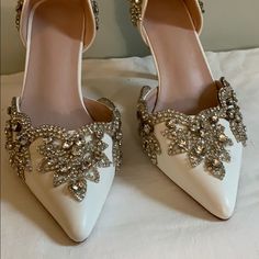 Beautiful Ladies White Pimps With Crystal Embellishment. Purchased For My Wedding But Lost Too Much Weight To Wear Them. Elegant Embellished Heels For Wedding, White Embellished Wedding Shoes For Formal Occasion, Formal White Embellished Wedding Shoes, White Embellished Wedding Shoes, White Embellished Heels For Wedding Reception, Glamorous White Wedding Shoes, Elegant White Wedding Shoes With Rhinestones, Rhinestone Wedding Shoes For Bridal Shower, Crystal White