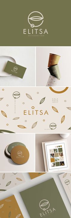 several different logos and business cards with gold foil on the front, green leaves on the back