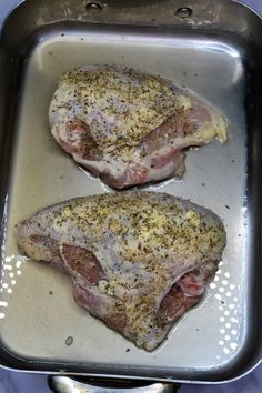 Preparing bone in chicken breasts in a roasting pan. Chicken Recipes With Bone In, Baked Bone In Chicken Recipes Ovens, Baked Chicken Recipes Bone In, Whole Chicken Breast Recipes Bone In, Bone In Chicken Breast Recipes Baked, Split Chicken Breast Recipes Crockpot, Chicken Breast With Bone Recipes, Roasted Chicken Breast Recipes Bone In, Bone In Chicken Breast Recipes Oven