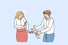 a man and woman shaking hands with each other in front of a blue sky background