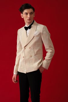 Buy Beige Tuxedo Embroidery Bloom Art Work Set For Men by Amrit Dawani Online at Aza Fashions. Tuxedo Embroidery, Beige Tuxedo, White Tuxedo, Polyester Shirt, Art Embroidery, Pattern Embroidery, Breasted Blazer, White Embroidery, Double Breasted Blazer