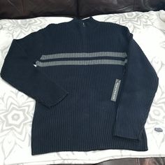 Paraphrase Long-Sleeved, 6" Front Zippered Knit Sweater. 100% Cotton. Dark Blue, With Gray Stripes. 27" Shoulder To Hem. 25" Sleeve. Nwt Men's Size Large. Fall Knitting, Gray Stripes, Zip Up Sweater, Cowl Neck Sweater, Grey Fashion, Black Media, Grey Stripes, Grey Sweater, Colorful Sweaters