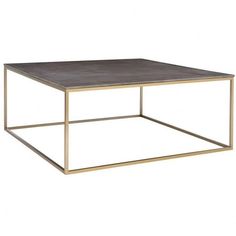 a square coffee table with metal frame and concrete top, viewed from the front angle