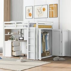 a white bunk bed sitting on top of a hard wood floor next to a dresser