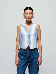 Maddie Vest - Parisian Blue Stripe | NATION LTD Fitted Casual Everyday Vest, Spring Fitted Vest, Fitted Vest For Everyday Spring Wear, Everyday Cotton Vest With Button Closure, Classic Spring Tank Top With Button Closure, Spring Cotton Vest For Daywear, Cotton Vest For Spring Daywear, White Denim Vest For Summer, Denim Vest For Everyday Use In Summer