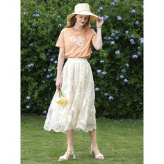 Discover Elegance and Comfort Step into summer with grace and style with our Elegant Floral Lace A-Line Skirt. Perfectly designed to flatter a pear-shaped body, this mid-calf skirt combines timeless elegance with contemporary fashion trends. The intricate lace embroidery adds a touch of sophistication, making it an essential addition to your summer wardrobe. Product Features Made from high-quality polyamide, this skirt features a natural waistline that enhances your silhouette while the non-stretch fabric ensures a structured and flattering fit. The floral lace pattern is not just beautiful; it's a testament to expert craftsmanship and attention to detail. When to Wear This versatile skirt is ideal for various summer occasions. Whether you're attending a casual outdoor event or a more form Casual Summer Bottoms For Garden Party, Spring Flowy Full Maxi Skirt, Spring Full Flowy Maxi Skirt, Beige Flowy Maxi Skirt For Summer, Feminine Midi Length Skirt For Garden Party, Flowy Midi Skirt For Garden Party, Cream Skirted Bottoms For Spring, Casual Bottoms For Garden Party In Spring, Spring Flowy Lined Maxi Skirt