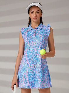 Blue Flower Printed Sleeveless Polo Tennis Dress Polo Tennis Dress, Tennis Game, Womens Thermal, Dresses Xxl, New Star, Tennis Dress, Polo Dress, Sun Kissed, Blue Flower