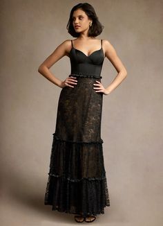 Jennifer Black Ruffle Maxi Dress Atelier Dresses | Azazie Black Lace Ruffle Dress, Black Bridesmaid Dress Mismatched, A Line Dress Formal, Lace Ruffle Skirt, Black Bustier Dress, Black Formal Dresses, Long Black Dress Formal, Jennifer Black, Black Wedding Guest Dresses