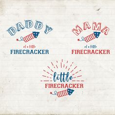 four different logos for firecrackers on lined paper with red, white and blue colors