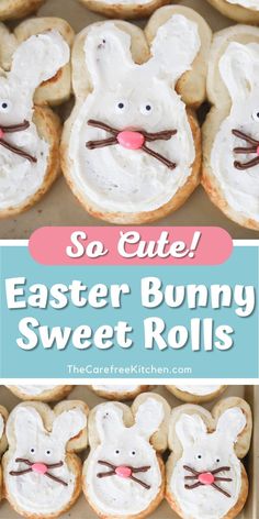 an easter bunny cookie with white frosting in the shape of bunnies