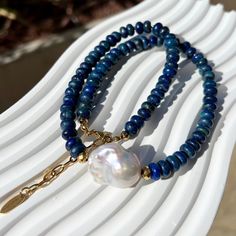 Lapis Lazuli Beaded Necklace With Baroque Pearl, Delicate Necklace, Blue and Gold, Handmade Gemstone Jewelry, Gift for Her - Etsy Spain Pearl Beaded Necklaces Hand-strung For Gift, Handmade Blue Baroque Pearl Necklace, Handmade Blue Baroque Pearl Necklaces, Gift Jewelry With Polished Baroque Pearl Beads, Baroque Pearl Jewelry With Round Gemstone Beads, Polished Round Baroque Pearl Beads Jewelry, Polished Baroque Pearl Beads Jewelry, Hand-strung Pearl Necklace With Round Beads As A Gift, Polished Baroque Pearl Jewelry With Round Beads