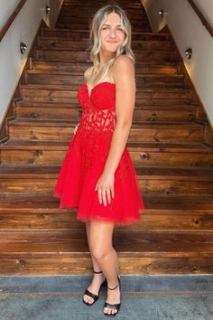 Modsele this short formal dress features a strapless sweetheart neckline, lace-up back, and A-line skirt.#hoco2023#homecomingdresses#formaldresses#homecoming#schooleventdress#holidaydress#graduationdress#cocktaildress Red Homecoming Dresses Short, Red Lace Prom Dress, Sheer Corset, Short Formal Dress, Tulle Material, Red Homecoming Dresses, Tulle Homecoming Dress, Lace Prom Dress, Corset Bodice