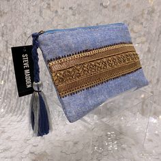 Slim, Boho Clutch With Tassel Zip Closure & Beaded Embellishments Color: Gold Multi New Blue Woven Clutch, Blue Bohemian Pouch Clutch, Steve Madden Wallet, Boho Clutch, Beaded Embellishments, Fabric Painting On Clothes, Wallet Tutorial, Lace Bag, Steve Madden Bags