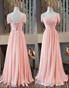 Pink Cap Sleeves Chiffon A-line Party Dress, Pink Bridesmaid Dress Pink, Pink Party Dress, Vestidos Color Rosa, Pink Party Dresses, Pink Cap, Pink Bridesmaid Dresses, Pink Chiffon, Long Bridesmaid Dress