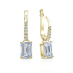 These exquisite diamond earrings come set in 18k yellow gold metal dangle studs 4-prong basket setting and breathtaking emerald-cut natural diamonds with 1.50 ct. total weight for center stone and 0.10 ct. total weight of small dazzling round diamonds as side stone, together takes 1.60 ct. total weight, available with lever back clasps. Black Diamond Pendant, Beautiful Diamond Earrings, Yellow Gold Diamond Earrings, Black Diamond Studs, Halo Diamond Earrings, Solitaire Diamond Pendant, Colored Diamond Rings, Earrings Emerald, Basket Setting