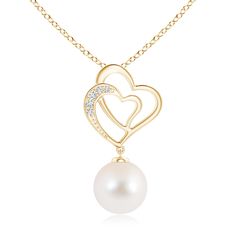 Depicting the sweet bond between two hearts, this pearl heart pendant is a beautiful interpretation of everlasting love. A Freshwater cultured pearl hangs from intertwined hearts crafted in 14K yellow gold. One of the twin interlocked hearts is accented with glistening diamonds, adding a dazzling edge to this solitaire pearl pendant. Intertwined Hearts, Pearl Heart, Heart Crafts, Sea Pearl, Everlasting Love, Ball Pendant, South Seas, Two Hearts, South Sea Pearls