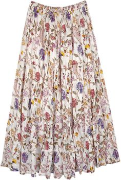 This summerish long maxi skirt is crafted from breathable cotton, providing both comfort and style.  The skirt features a lush floral print with a diverse range of blooming flowers and foliage in shades of purple, red and yellow on a white background, imparting a vibrant, nature feel. #tlb #Crinkle #TieredSkirt #vacationclothing #Floral #Printed #XLPlus #MaxiSkirt #TieredSkirt #FloralSkirt Spring Floral Print Maxi Skirt, Floral Print Long Maxi Skirt For Spring, Maxi Length Flowy Skirt With Floral Print, Floral Print Full Maxi Skirt, Floral Print Full Maxi Skirt With Voluminous Fit, Flowy Tiered Floral Print Maxi Skirt, Voluminous Floral Print Full Maxi Skirt, Floral Print Flared Maxi Skirt For Garden Party, Relaxed Fit Floral Print Maxi Skirt