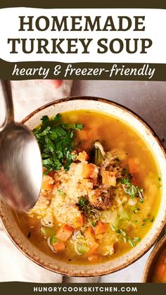 This hearty turkey soup is a comforting dinner option that’s perfect for using up leftover turkey. Freezer-friendly and ideal for crowd-pleasing meals, it’s a delicious way to enjoy turkey recipes beyond the holidays. Cozy up with this easy soup for family gatherings or fall nights. Check out this turkey recipe. Save this recipe now! Leftover Turkey Ideas, Homemade Turkey Soup, Turkey Ideas, Comforting Dinner, Fall Nights, Crowd Pleasing Recipes, Turkey Soup, Turkey Recipes Thanksgiving, Easy Soup