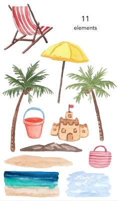 watercolor beach scene with palm trees, chairs and an umbrella on the sand by the ocean