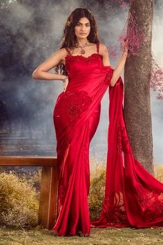 Shop for Nitika Gujral Red Satin Flower Cut Work Saree Set for Women Online at Aza Fashions Satin Embroidery, Saree And Blouse, Saree Designs Party Wear, Embroidered Saree, Indian Wedding Wear, Satin Saree, Red Saree, Satin Blouses, Satin Flowers