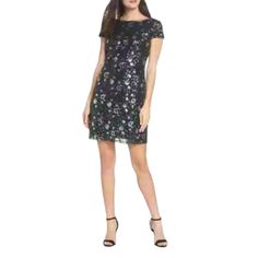 Sam Edelman Green Cap Sequin Dress New With Tags Size 4 Armpit To Armpit 16" Length 33 1/2" Beautiful Green Floral Design With Multicolored Flowers, Zippered Back, Cap Sleeves, Square Back. Holiday Dressy Mini Dress, Holiday Dresses With Short Sleeves, Formal Fitted Floral Mini Dress, Holiday Mini Dress With Short Sleeves, Elegant Floral Print Mini Dress, Spring Formal Bodycon Dress, Spring Knee-length Sequin Mini Dress, Elegant Sheath Mini Dress With Floral Print, Multicolored Flowers