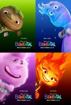 four different movie posters with the same character in each one's eyes and mouth