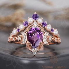 Luxury Amethyst Crystal Ring For Anniversary, Luxury Purple Pear-shaped Ring, Exquisite Multi-stone Amethyst Ring For Anniversary, Exquisite Multi-stone Amethyst Anniversary Ring, Elegant Multi-stone Amethyst Wedding Ring, Exquisite Diamond Amethyst Ring For Weddings, Exquisite Diamond Amethyst Wedding Ring, Heirloom Amethyst Jewelry With Rose Cut Diamonds, Round Amethyst Ring With Rose Cut Diamonds