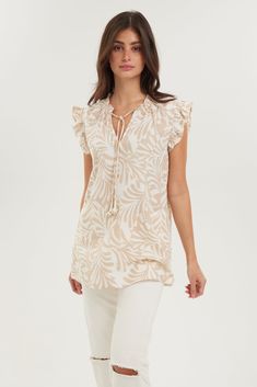 Sophie Top – BECASA Chic Cotton V-neck Tunic, Casual V-neck Blouse With Tassels, Spring V-neck Blouse With Tassel Ties, Casual V-neck Tops With Tassel Ties, Beach Ruffle Sleeve Cotton Blouse, Cotton Ruffle Sleeve Beach Blouse, Beach Cotton Blouse With Ruffle Sleeves, Cotton Ruffle Sleeve Blouse For The Beach, White V-neck Top With Tassels