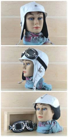 Women aviator hat / cap, pilot hat, motorcycle helmet, white leather. You can buy with or without goggles on Etsy. FREE SHIPPING! Adjustable Windproof Aviator Hat, White Visor Hat For Travel, White Travel Visor Hat, White Brimmed Hat For Outdoor Activities, Pilot Helmet, Driving Hat, Pilot Hat, Aviator Hat, Convertible Car