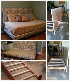 four pictures of different types of bed frames in various stages of being made and assembled