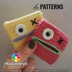 two crocheted items with eyes and mouths are shown in the shape of an object