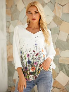 Hot Sale White Floral Print Casual V-neck 3/4 Sleeves Blouse for Women White Floral Print Blouse With 3/4 Sleeves, White 3/4 Sleeve Summer Blouse, Chic Spring Blouse With Notched Neckline, Chic Half Sleeve Spring Blouse, Chic Half-sleeve Spring Blouse, White Floral Print Half Sleeve Tops, White Floral Print Split Neck Tops, White Half-sleeve Summer Blouse, White 3/4 Sleeve Summer Tops