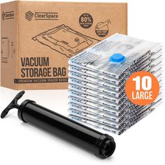 10 large vacuum bags in front of a cardboard box