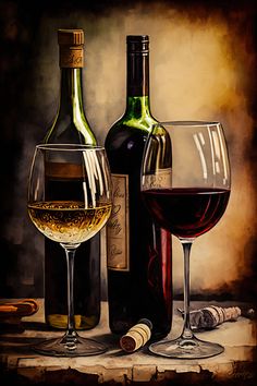 a painting of two wine glasses and bottles on a table next to corks,