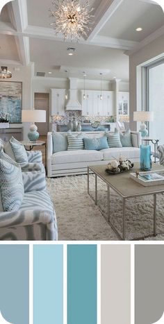 a living room filled with lots of furniture and color swatches in shades of blue