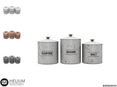 an assortment of kitchen canisters with labels on them