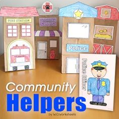 the front cover of a book with paper houses and police station on it, which reads community helpers