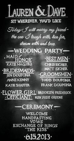 a black and white photo with the names of different wedding party guests on it's chalkboard