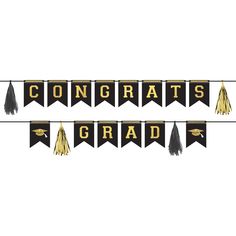 AMSCAN CA Graduation Graduation Pennant Banner with Foil, 120 x 9 Inches, 1 Count Graduation Pennant Banner, Congrats Graduate, Party Expert, Pennant Flags, Gold Color Scheme, Pennant Banner, Congratulations To You, Hanging Garland, Black Balloons