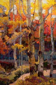 an oil painting of trees in the fall