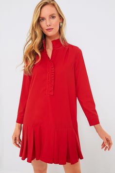 Red Crepe Tate Dress | Tuckernuck Chic Shirt Dress With Ruffles, Chic Collared Neckline Dress For Fall, Chic Shirt Dress With Pleated Hem For Daywear, Elegant Shirt Dress With Pleated Hem For Daywear, Elegant Shirt Dress With Pleated Hem, Feminine Collared Mini Dress For Work, Elegant Mini Dress With Collared Neckline For Spring, Elegant Mini Dress With Collared Neckline, Elegant Mini Dress With Ruffled Collar And Ruffles