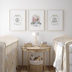 a baby's room with two cribs and three pictures on the wall