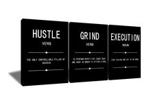 three black and white signs with words on them that read hustle, grind, verd, verbb